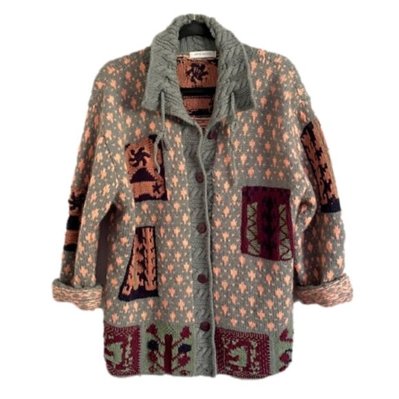 Cote-Rotie Gray Orange Patchwork Patterned Kidcore Cardigan Sweater - M/L - Picture 9 of 10